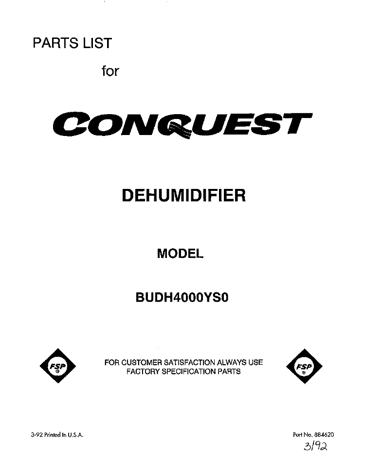 SECTION Diagram and Parts List for BUDH4000YS0  Whirlpool Dehumidifier