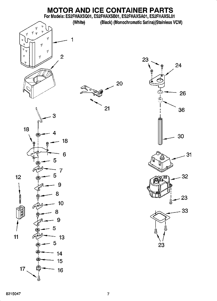 MOTOR AND ICE CONTAINER PARTS Diagram and Parts List for ES2FHAXSL01  Whirlpool Refrigerator