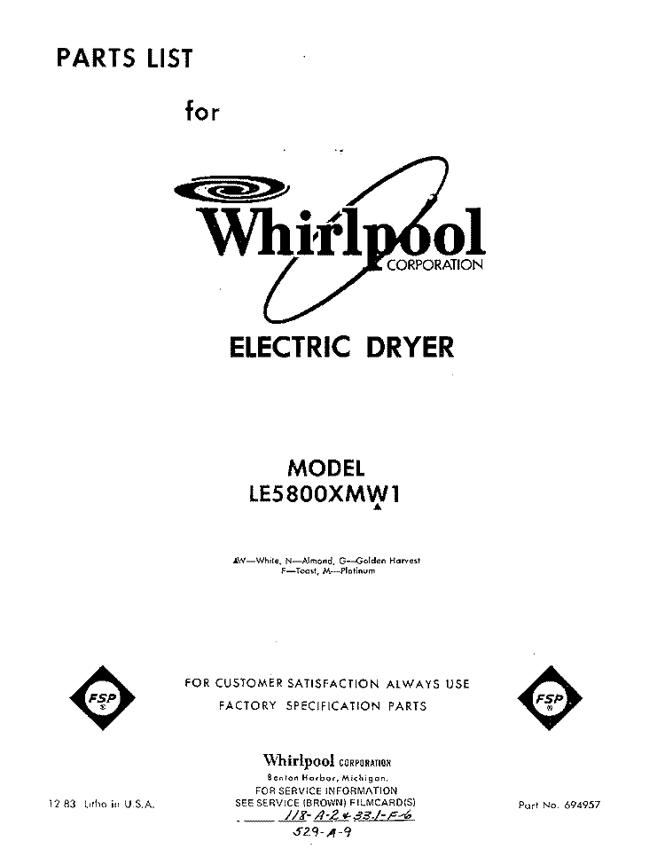 SECTION Diagram and Parts List for LE5800XMW1  Whirlpool Dryer
