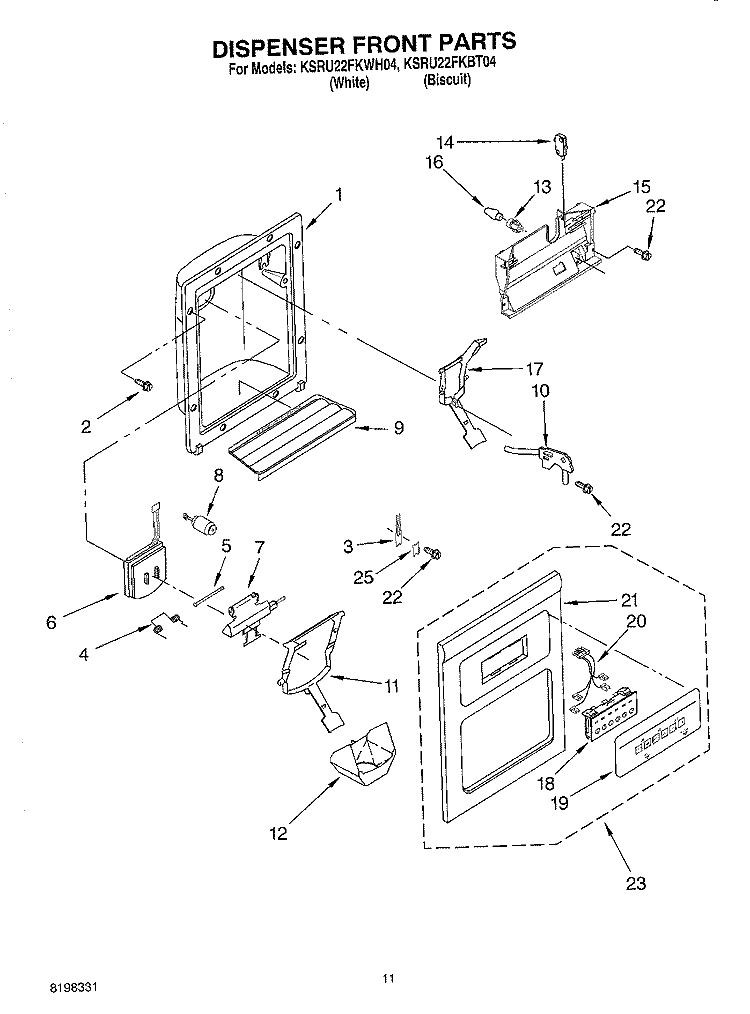 DISPENSER FRONT Diagram and Parts List for KSRU22FKWH04  KitchenAid Refrigerator
