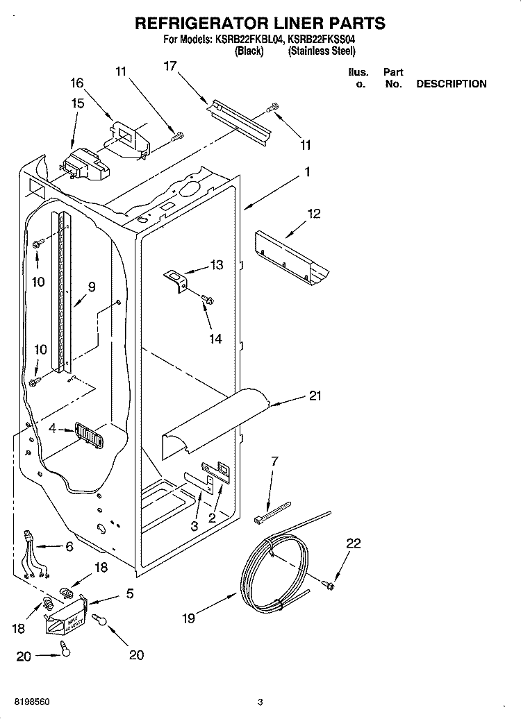 REFRIGERATOR LINER PARTS Diagram and Parts List for KSRB22FKSS04  KitchenAid Refrigerator
