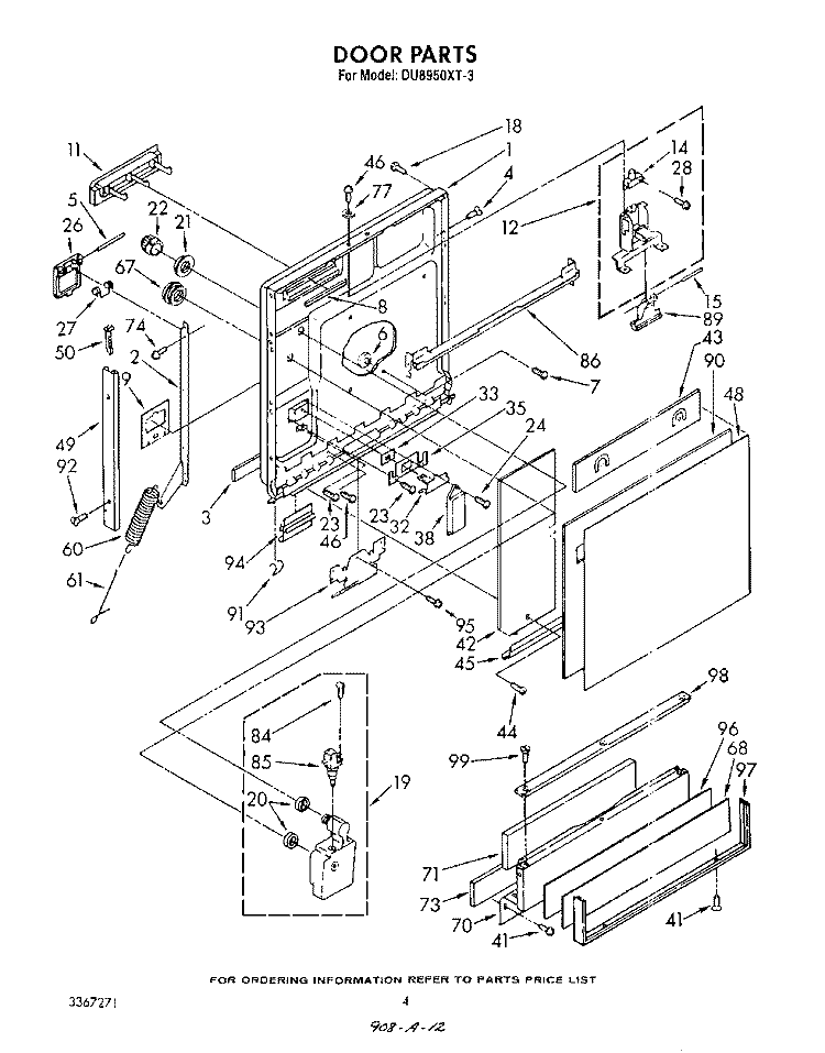 DOOR Diagram and Parts List for DU8950XT3  Whirlpool Dishwasher
