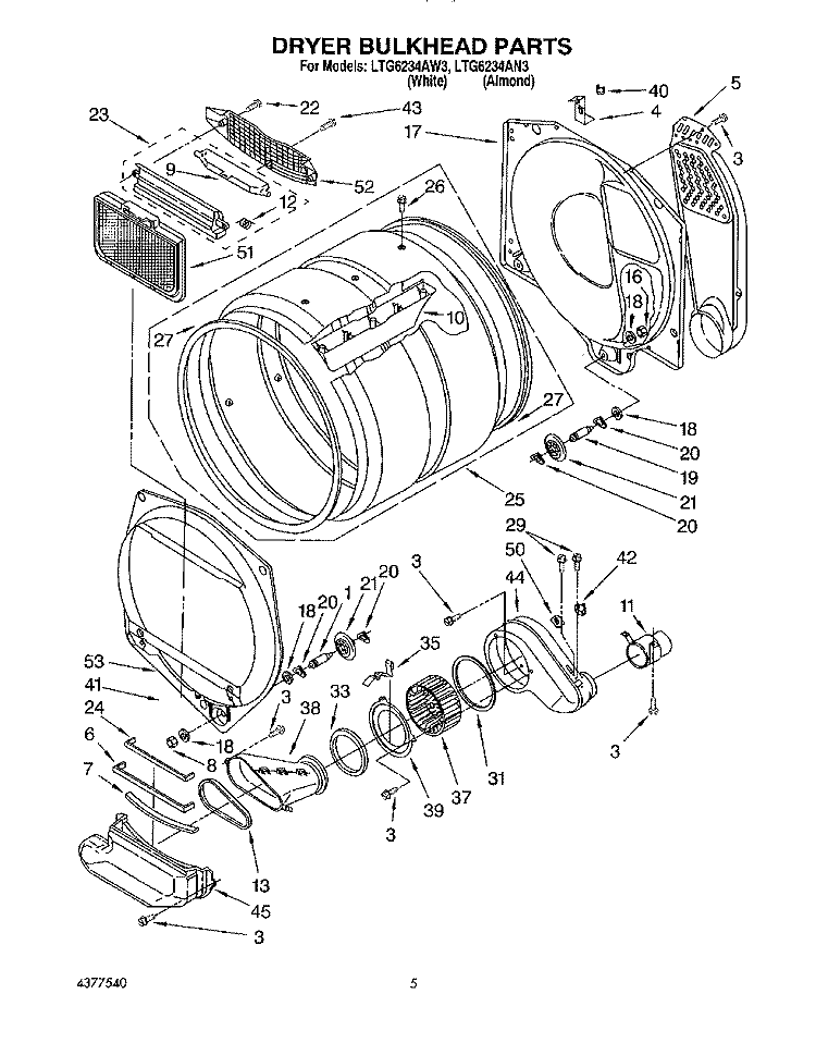 DRYER BULKHEAD Diagram and Parts List for LTG6234AN3  Whirlpool Washer Dryer Combo