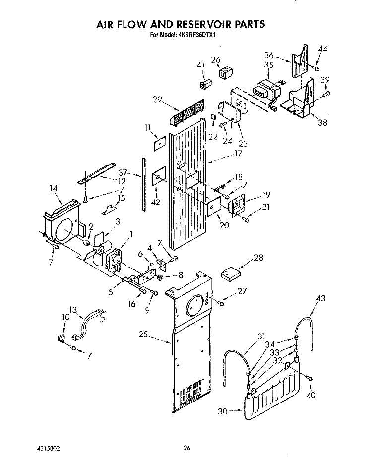 AIR FLOW AND RESERVOIR Diagram and Parts List for 4KSRF36DTX1  KitchenAid Refrigerator