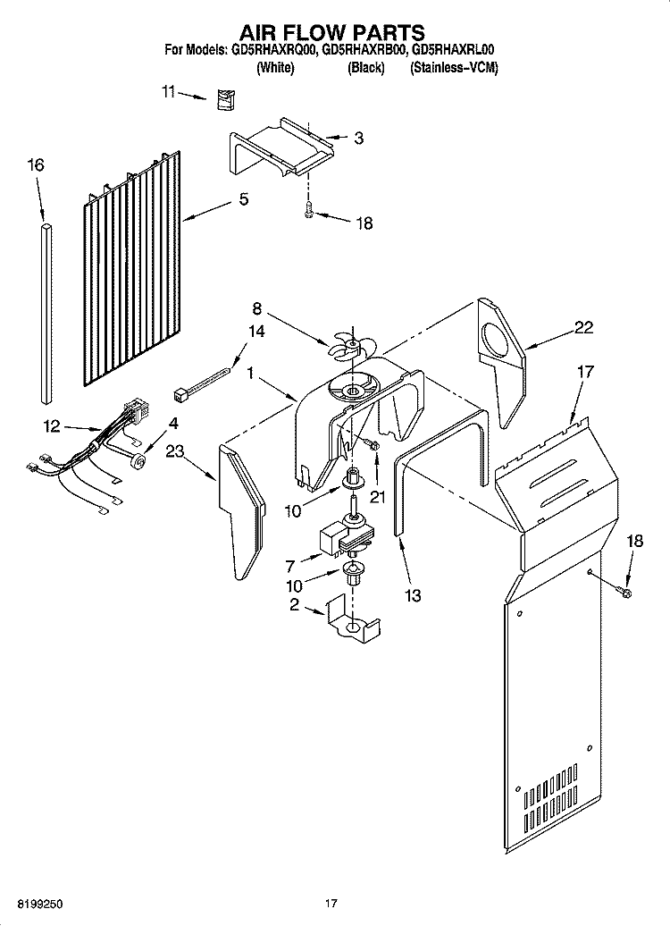 AIR FLOW PARTS Diagram and Parts List for GD5RHAXRB00  Whirlpool Refrigerator