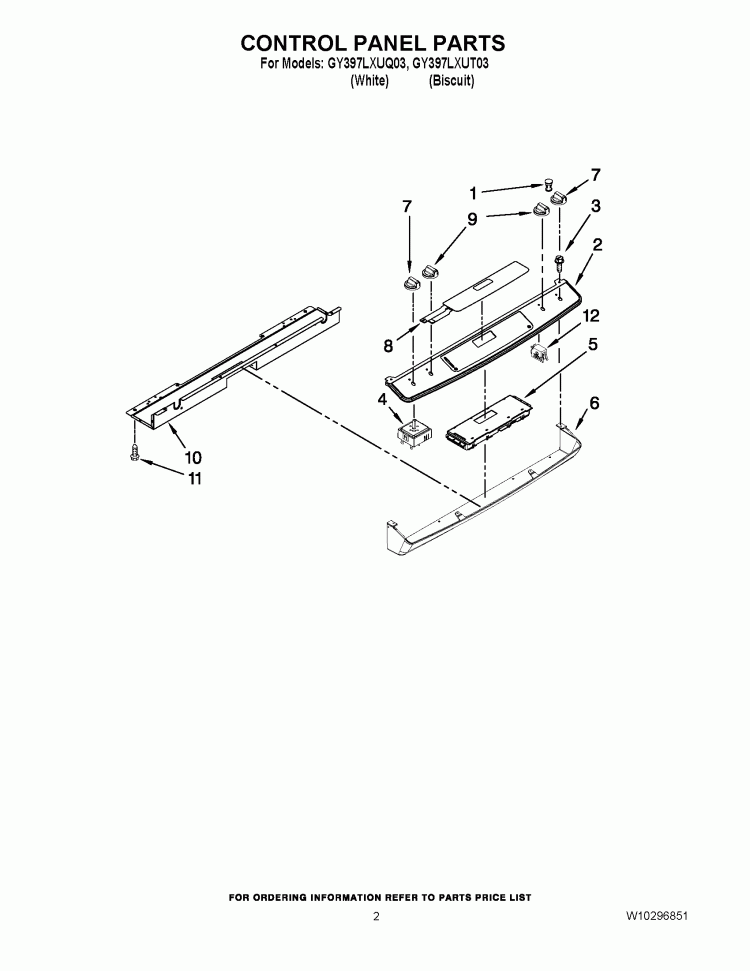 CONTROL PANEL PARTS Diagram and Parts List for GY397LXUT03  Whirlpool Range