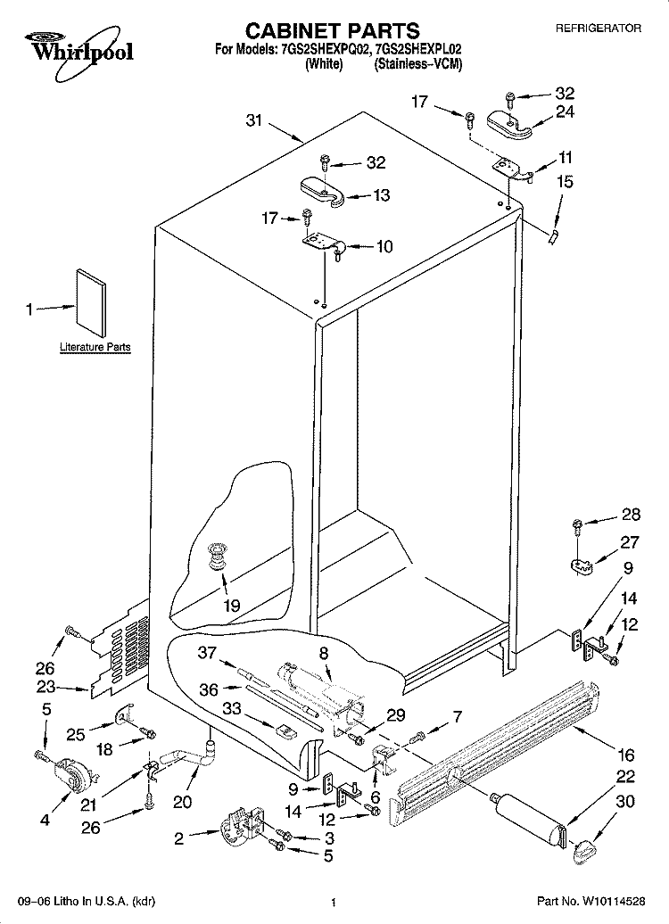 CABINET PARTS Diagram and Parts List for 7GS2SHEXPQ02  Whirlpool Refrigerator