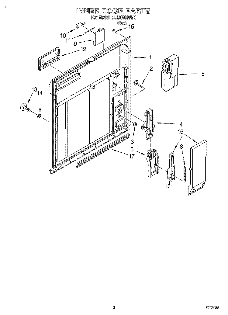 INNER DOOR Diagram and Parts List for RUD4500DB4  Roper Dishwasher