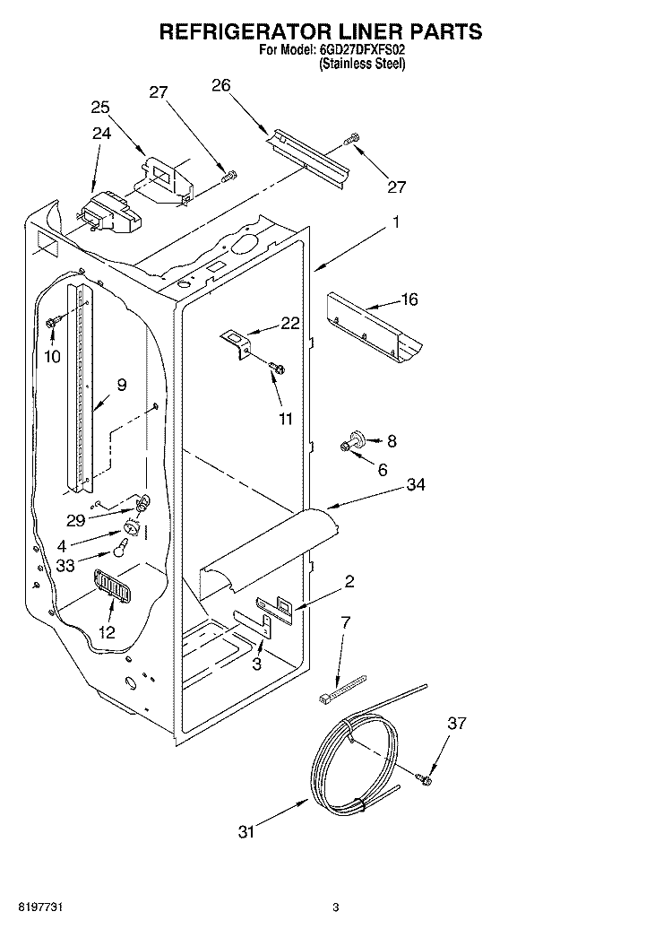 REFRIGERATOR LINER Diagram and Parts List for 6GD27DFXFS02  Whirlpool Refrigerator