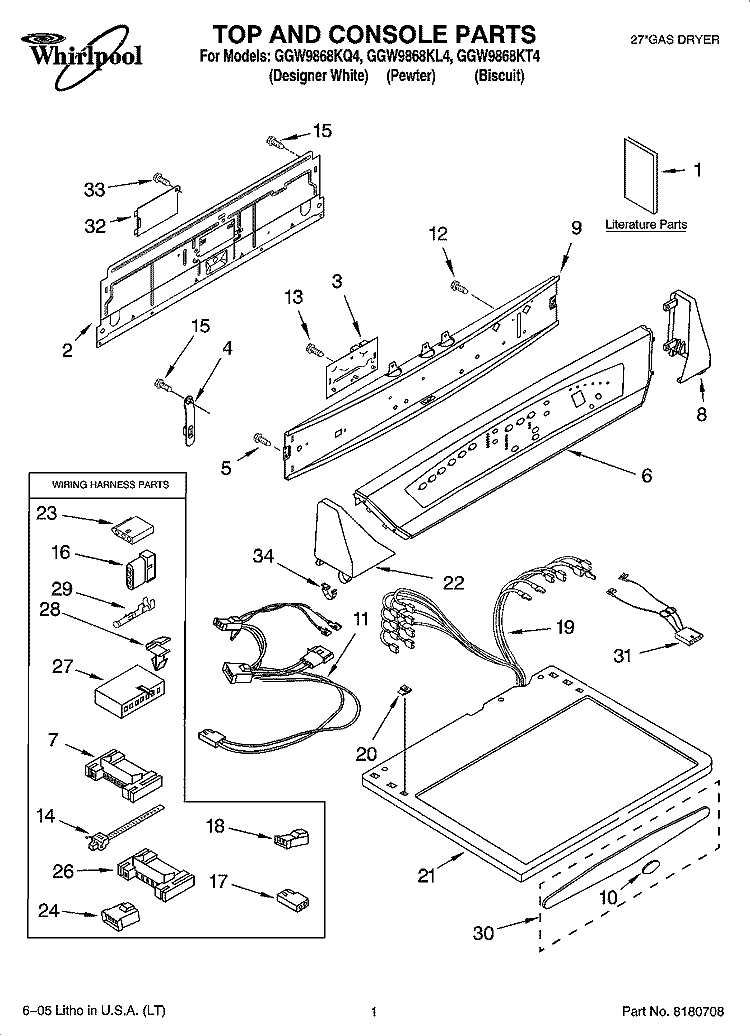TOP AND CONSOLE PARTS Diagram and Parts List for GGW9868KL4  Whirlpool Dryer