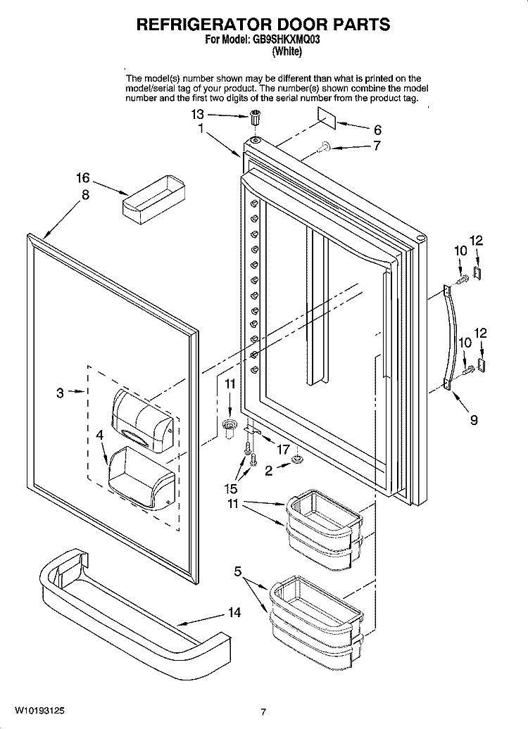 REFRIGERATOR DOOR PARTS Diagram and Parts List for GB9SHKXMQ03  Whirlpool Refrigerator