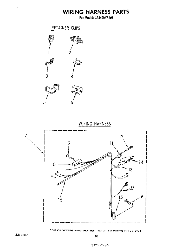 WIRING HARNESS Diagram and Parts List for LA3400XSW0  Whirlpool Washer