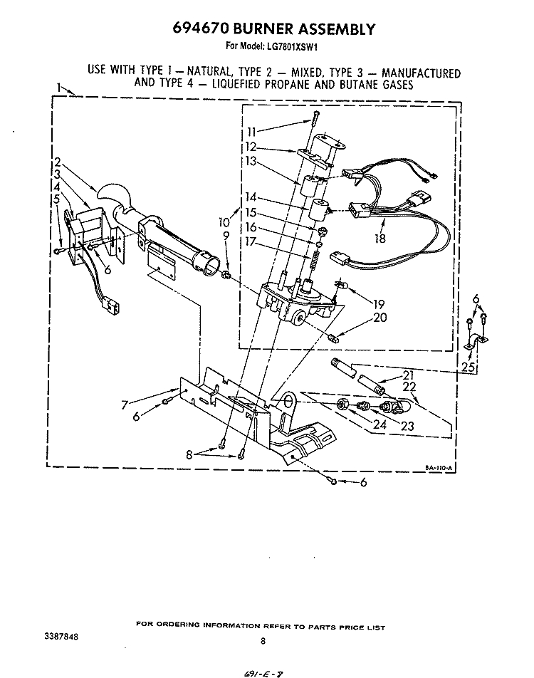 694670 BURNER Diagram and Parts List for LG7801XSW1  Whirlpool Dryer