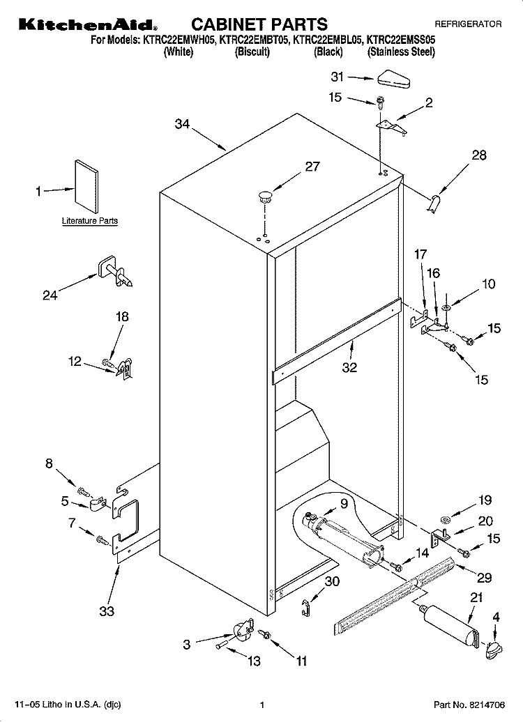 CABINET PARTS Diagram and Parts List for KTRC22EMBT05  KitchenAid Refrigerator