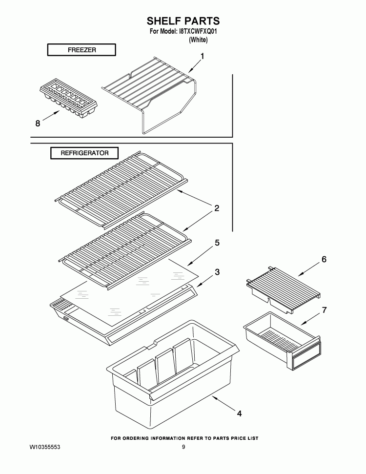 SHELF PARTS Diagram and Parts List for I8TXCWFXQ01  Inglis Refrigerator