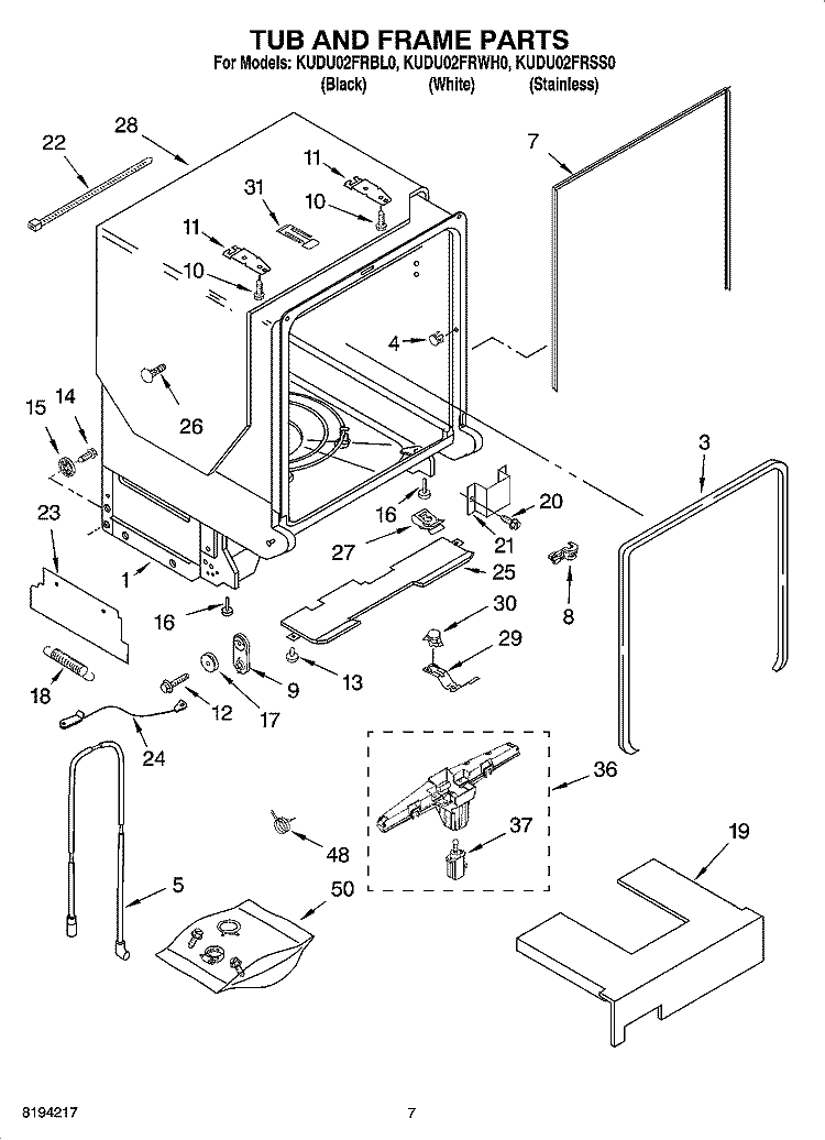 TUB AND FRAME PARTS Diagram and Parts List for KUDU02FRWH0  KitchenAid Dishwasher