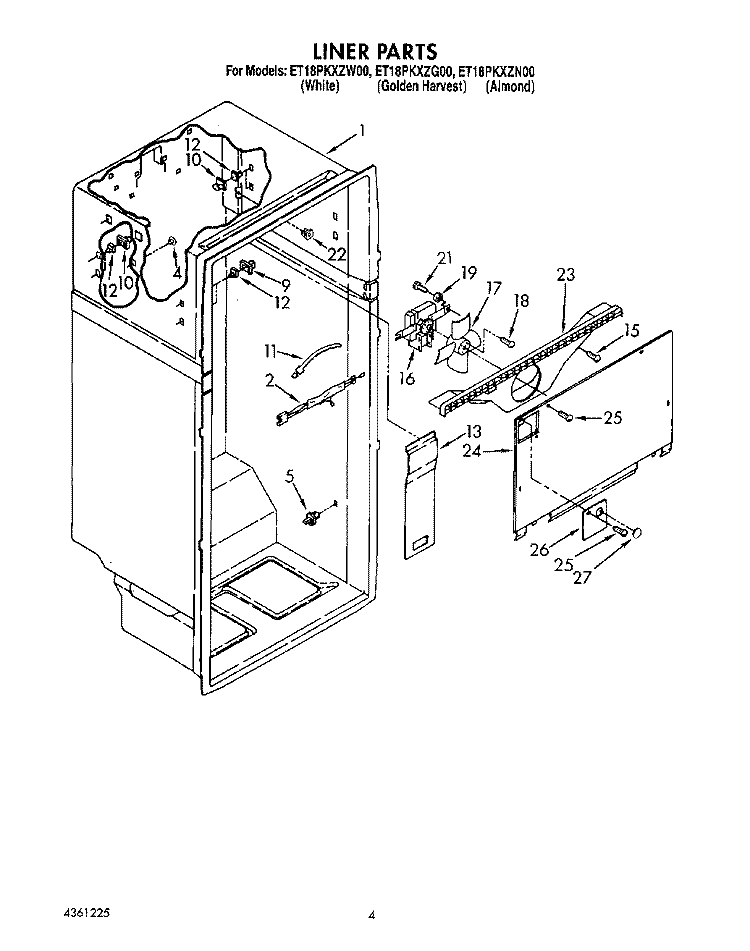 LINER Diagram and Parts List for ET18PKXZW00  Whirlpool Refrigerator