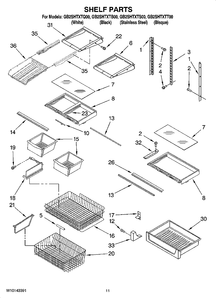 SHELF PARTS Diagram and Parts List for GB2SHTXTB00  Whirlpool Refrigerator