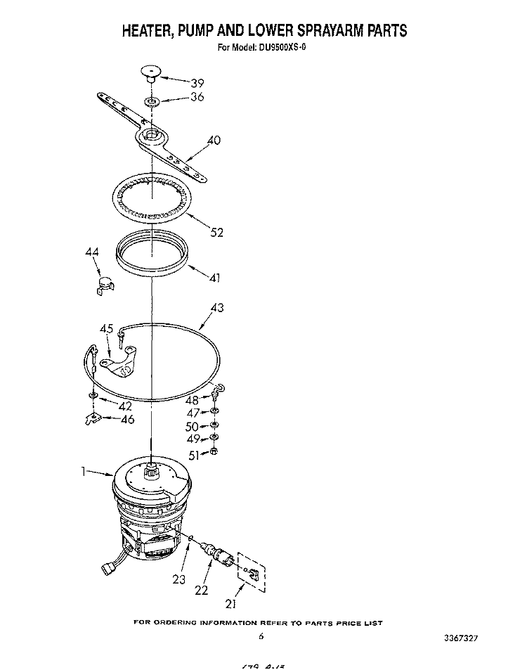 HEATER, PUMP AND LOWER SPRAY ARM Diagram and Parts List for DU9500XS0  Whirlpool Dishwasher