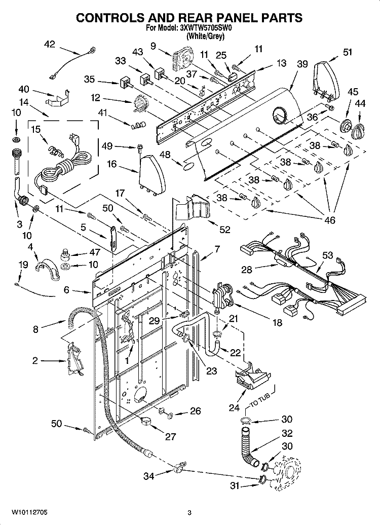 CONTROLS AND REAR PANEL PARTS Diagram and Parts List for 3XWTW5705SW0  Whirlpool Washer