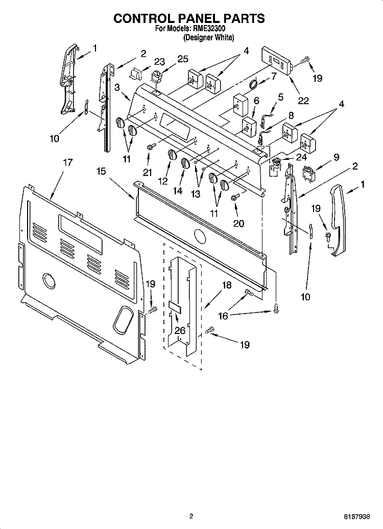 CONTROL PANEL PARTS Diagram and Parts List for RME32300  Roper Range