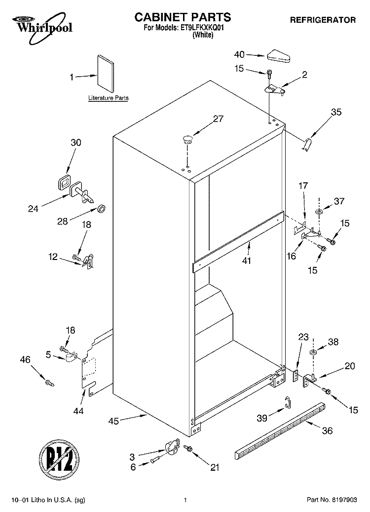 CABINET, LITERATURE Diagram and Parts List for ET9LFKXKQ01  Whirlpool Refrigerator