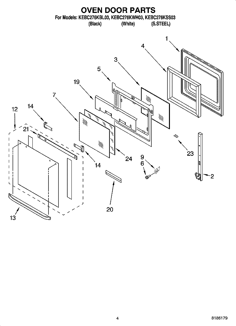 OVEN DOOR PARTS Diagram and Parts List for KEBC276KBL03  KitchenAid Wall Oven