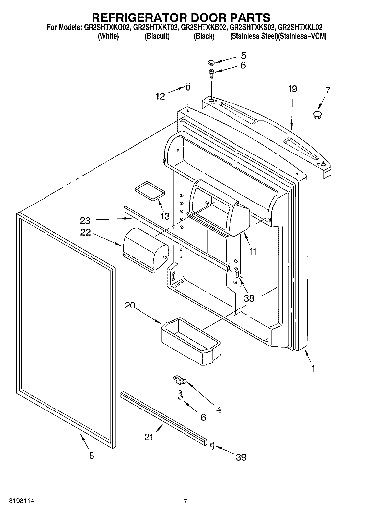REFRIGERATOR DOOR Diagram and Parts List for GR2SHTXKL02  Whirlpool Refrigerator