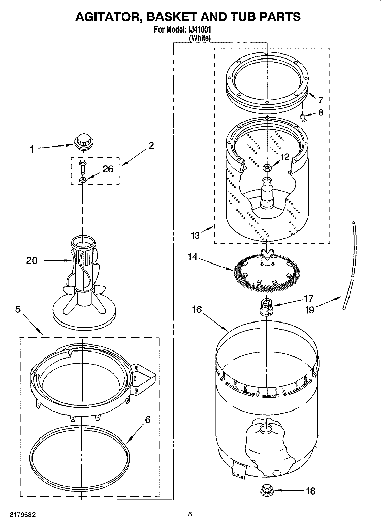 AGITATOR, BASKET AND TUB PARTS Diagram and Parts List for IJ41001  Inglis Washer