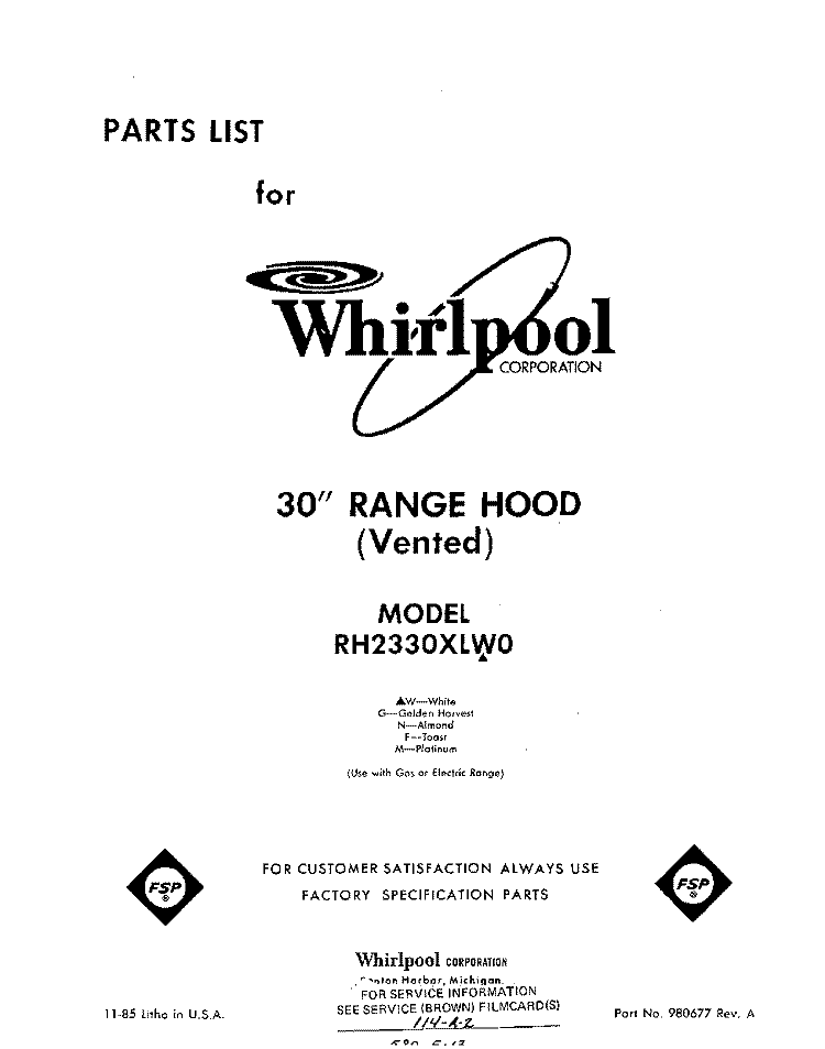 SECTION Diagram and Parts List for RH2330XLW0  Whirlpool Range Hood