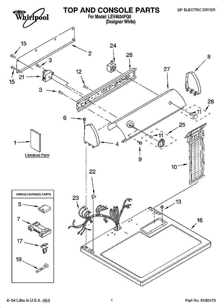 TOP AND CONSOLE PARTS Diagram and Parts List for LEV4634PQ0  Whirlpool Dryer