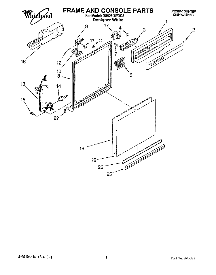 FRAME AND CONSOLE Diagram and Parts List for DU925QWDQ3  Whirlpool Dishwasher