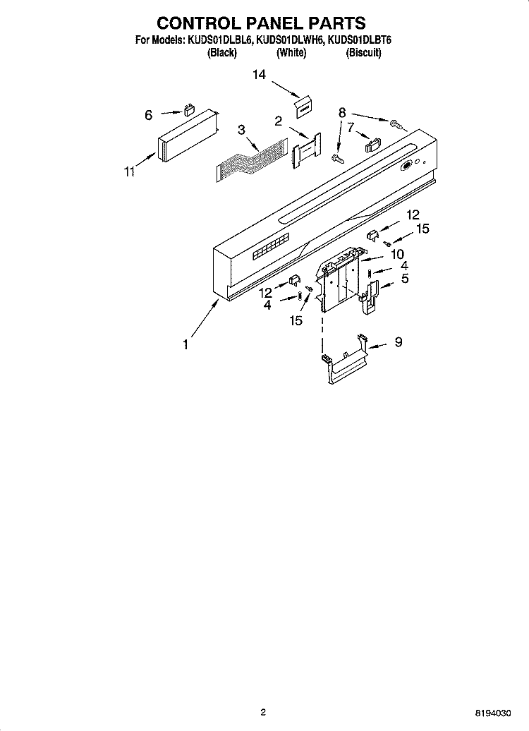 CONTROL PANEL PARTS Diagram and Parts List for KUDS01DLWH6  KitchenAid Dishwasher