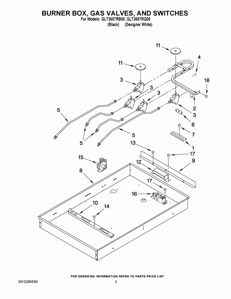 BURNER BOX, GAS VALVES, AND SWITCHES Diagram and Parts List for GLT3657RQ05  Whirlpool Cooktop