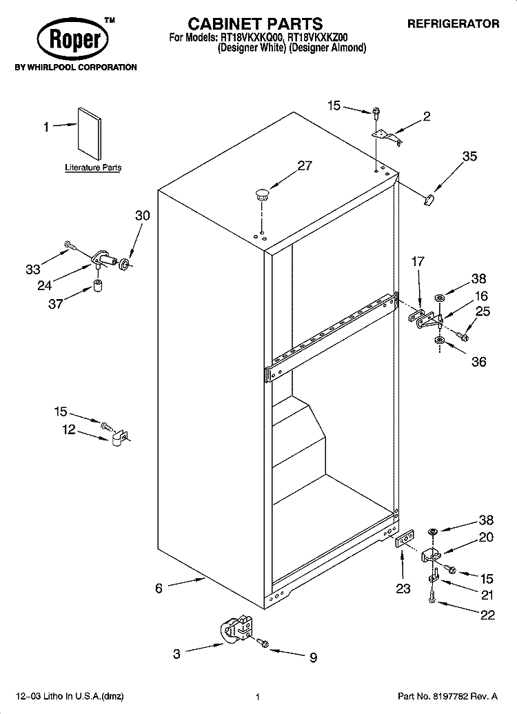 CABINET PARTS Diagram and Parts List for RT18VKXKQ00  Roper Refrigerator