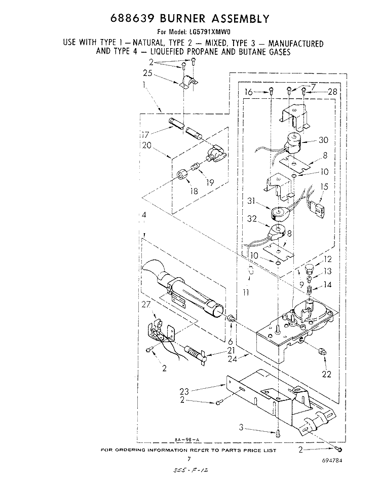 688639 BURNER Diagram and Parts List for LG5791XMW0  Whirlpool Dryer