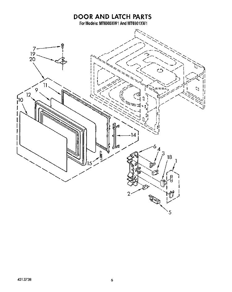 DOOR AND LATCH Diagram and Parts List for MT6900XW1  Whirlpool Microwave