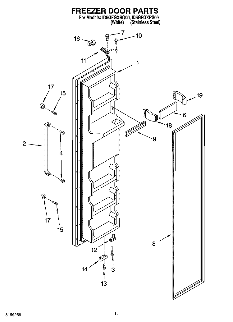 FREEZER DOOR PARTS Diagram and Parts List for ID5GFGXRQ00  Whirlpool Refrigerator