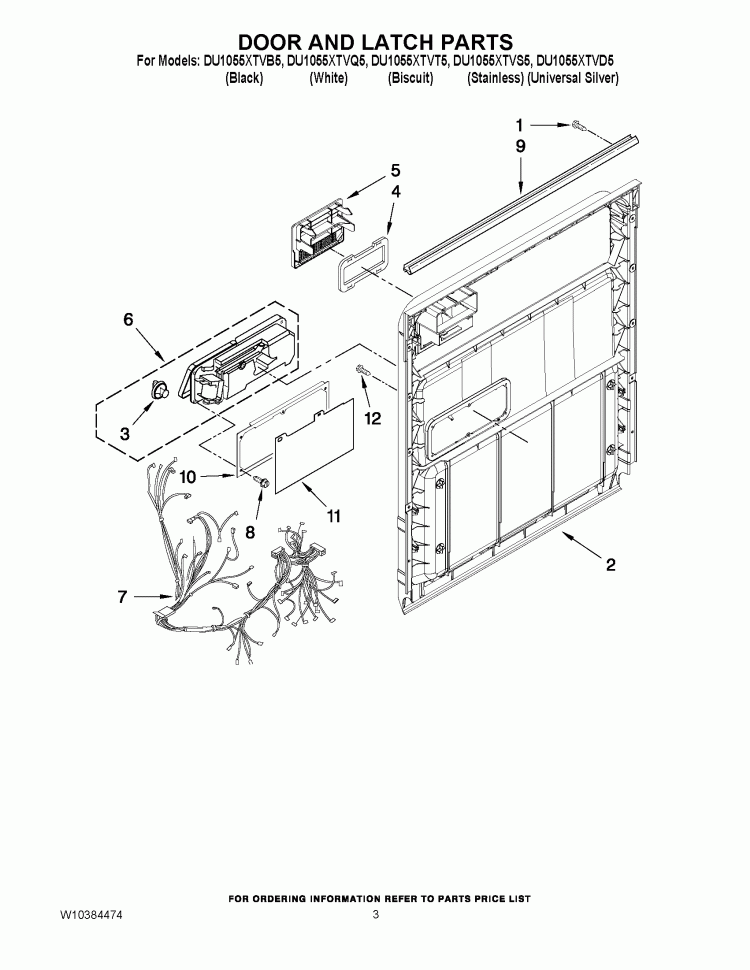 DOOR AND LATCH PARTS Diagram and Parts List for DU1055XTVS5  Whirlpool Dishwasher