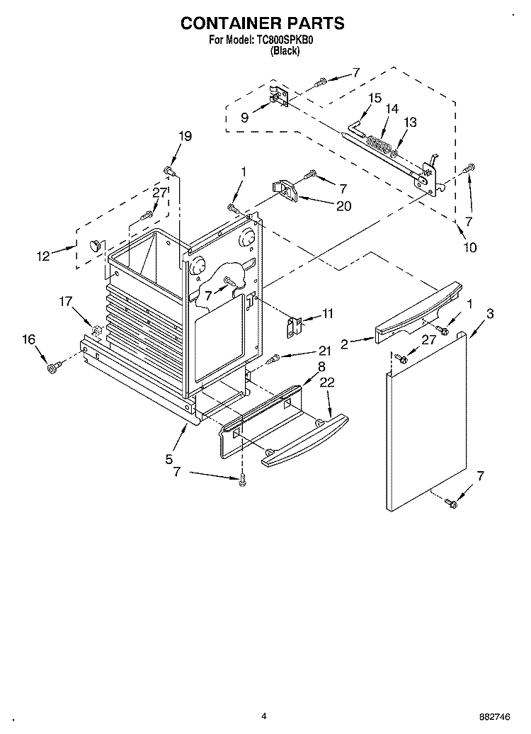 CONTAINER Diagram and Parts List for TC800SPKB0  Whirlpool Trash Compactor