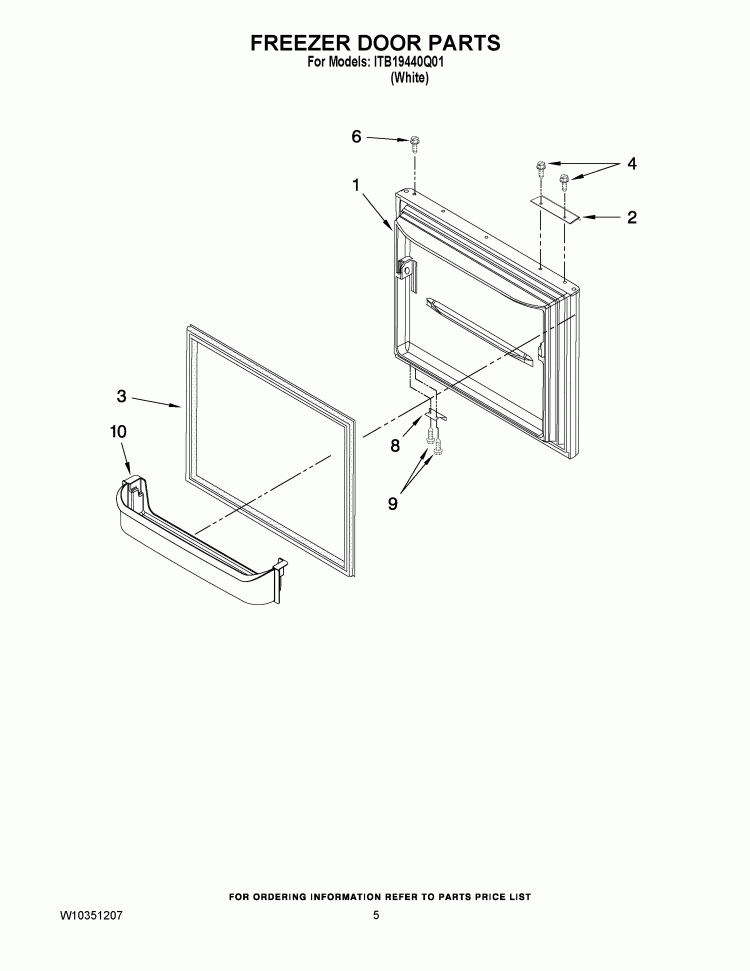 FREEZER DOOR PARTS Diagram and Parts List for ITB19440Q01  Inglis Refrigerator