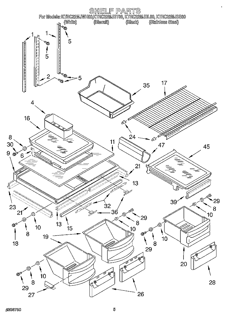 SHELF Diagram and Parts List for KTRC22MJWH00  KitchenAid Refrigerator