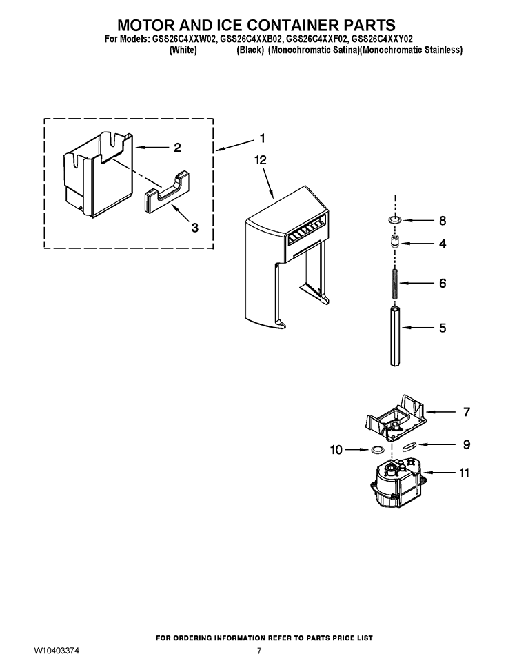 MOTOR AND ICE CONTAINER PARTS Diagram and Parts List for GSS26C4XXF02  Whirlpool Refrigerator