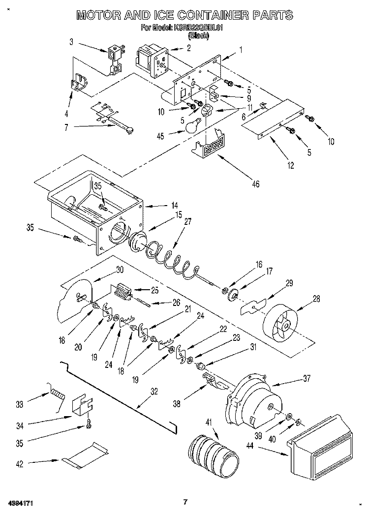 MOTOR AND ICE CONTAINER Diagram and Parts List for KSRB22QDBL01  KitchenAid Refrigerator