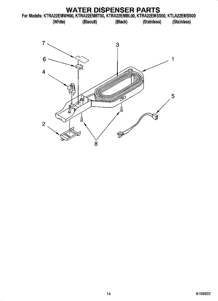 WATER DISPENSER PARTS, OPTIONAL PARTS Diagram and Parts List for KTRA22EMWH00  KitchenAid Refrigerator
