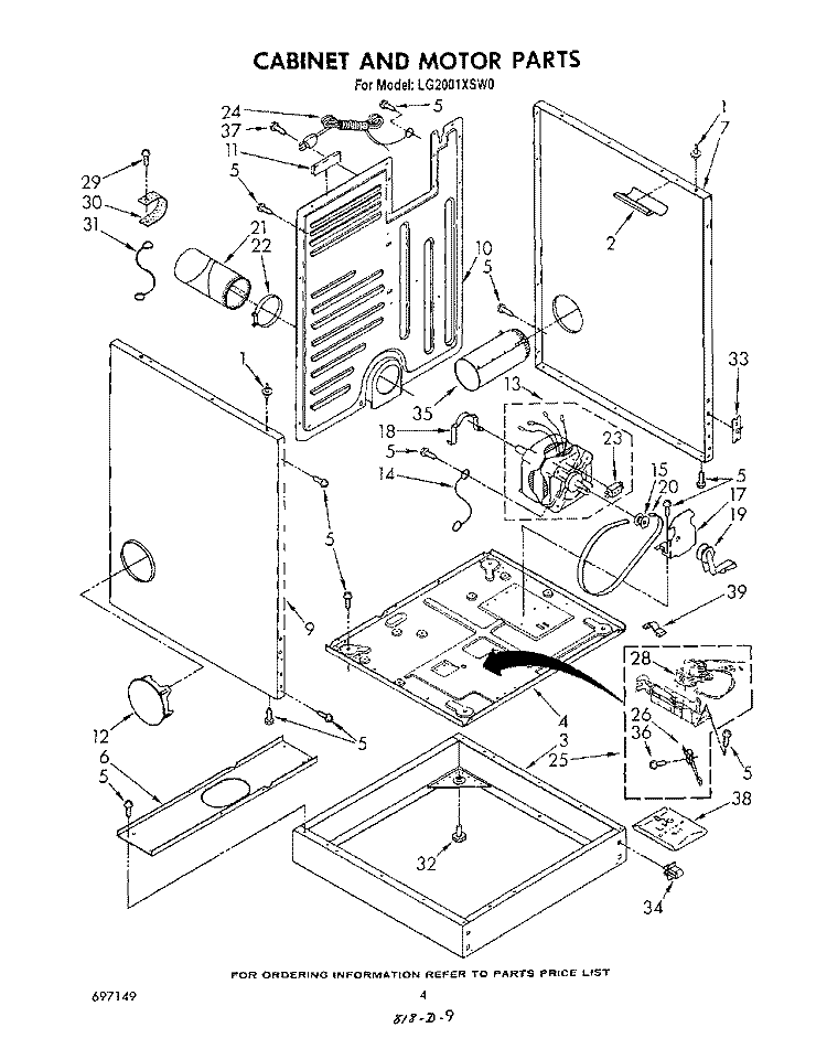 CABINET AND MOTOR Diagram and Parts List for LG2001XSW0  Whirlpool Dryer
