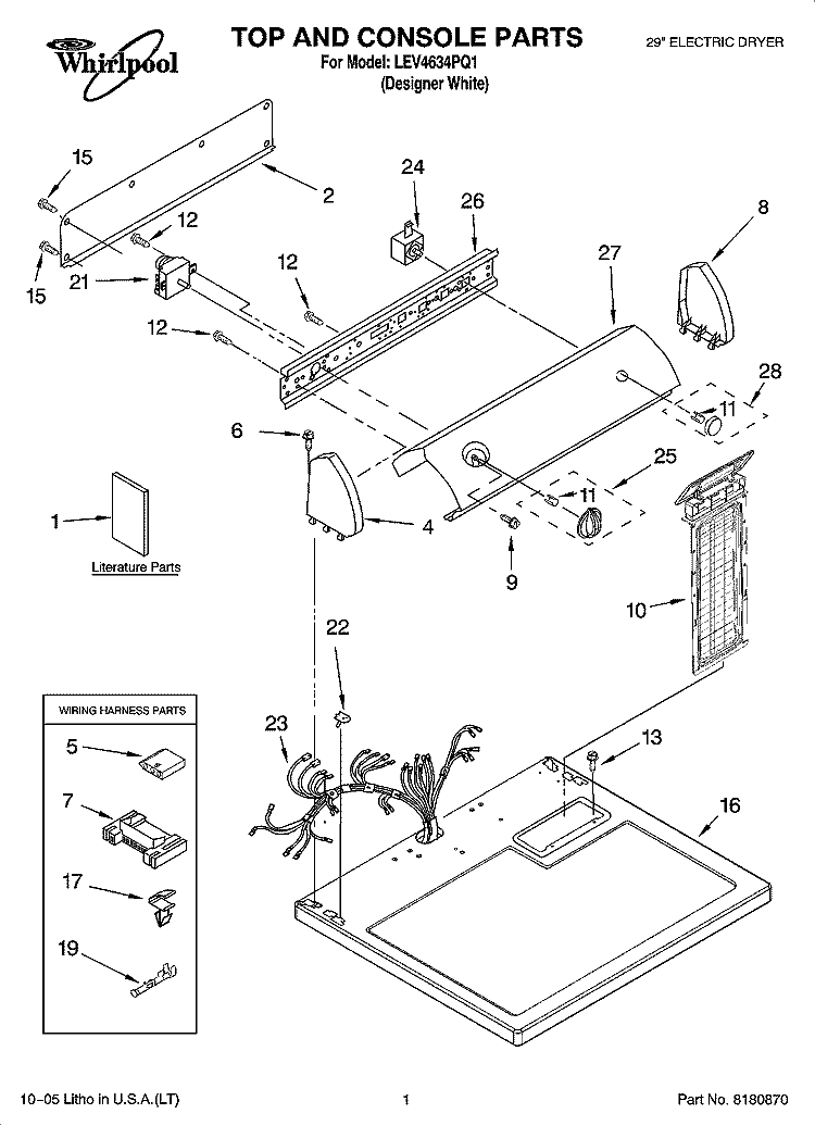 TOP AND CONSOLE PARTS Diagram and Parts List for LEV4634PQ1  Whirlpool Dryer