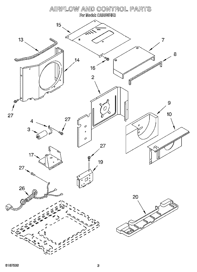 AIRFLOW AND CONTROL Diagram and Parts List for CAR8WRK0  Whirlpool Air Conditioner