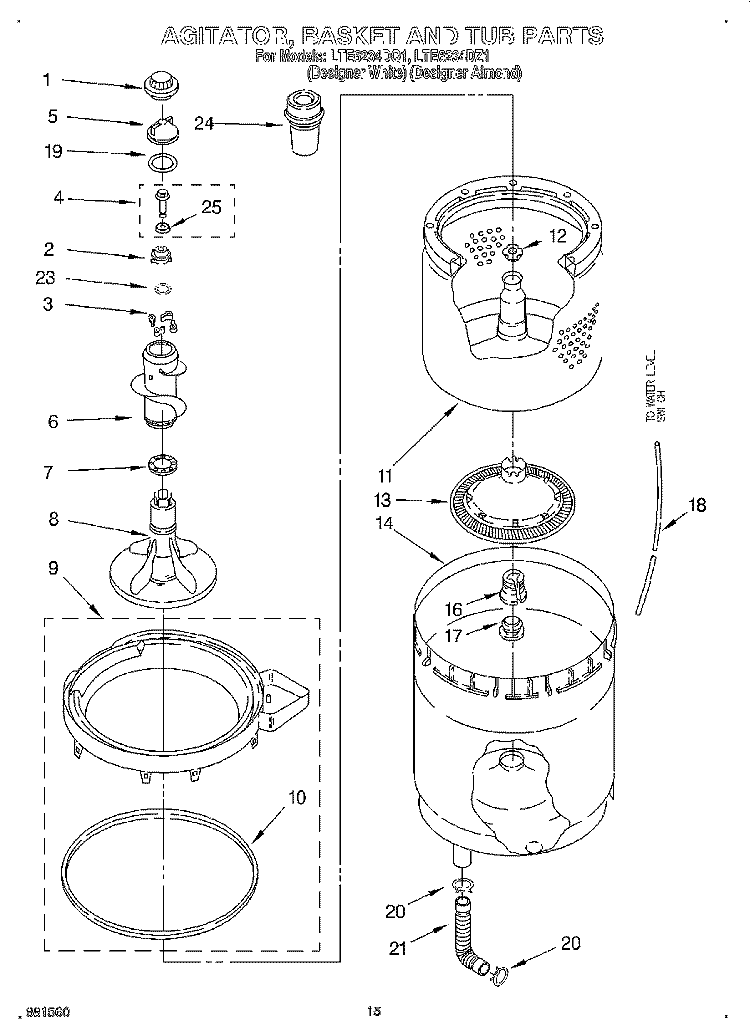 AGITATOR, BASKET AND TUB Diagram and Parts List for LTE6234DQ1  Whirlpool Washer Dryer Combo