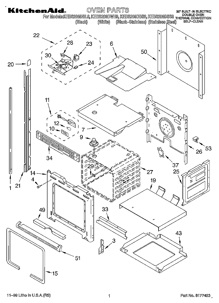 OVEN Diagram and Parts List for KEBS208DSS8  KitchenAid Wall Oven